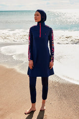 Burkini Modest Swimwear Set Lycra 4-Teilig Marineblau mit Rosaakzenten "Marina" M2489