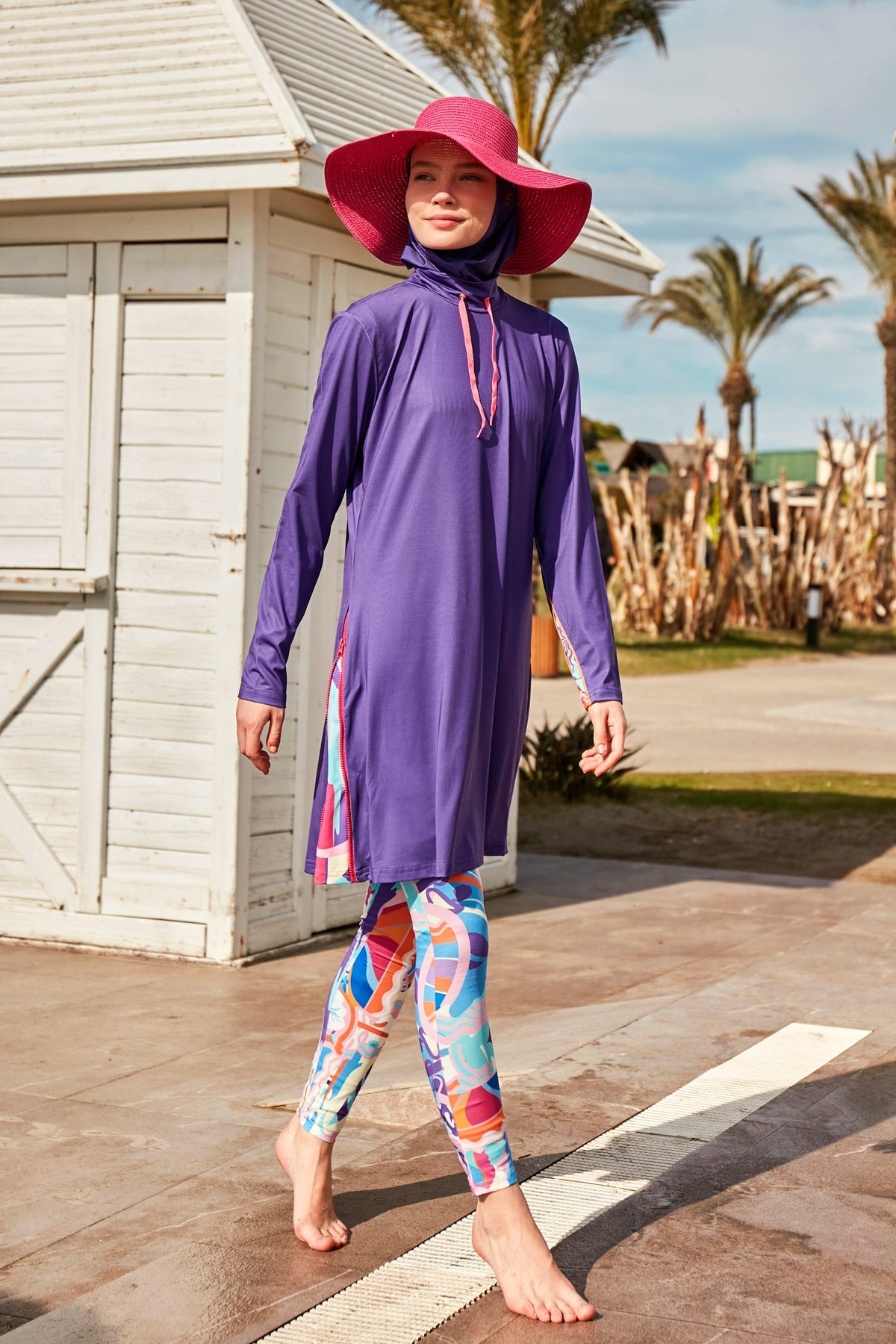 Burkini Modest Swimwear  Set Lycra 4-Teilig Lila mit bunter Schwimmhose "Marina" M2496