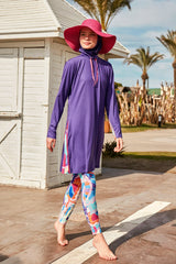 Burkini Modest Swimwear  Set Lycra 4-Teilig Lila mit bunter Schwimmhose "Marina" M2496