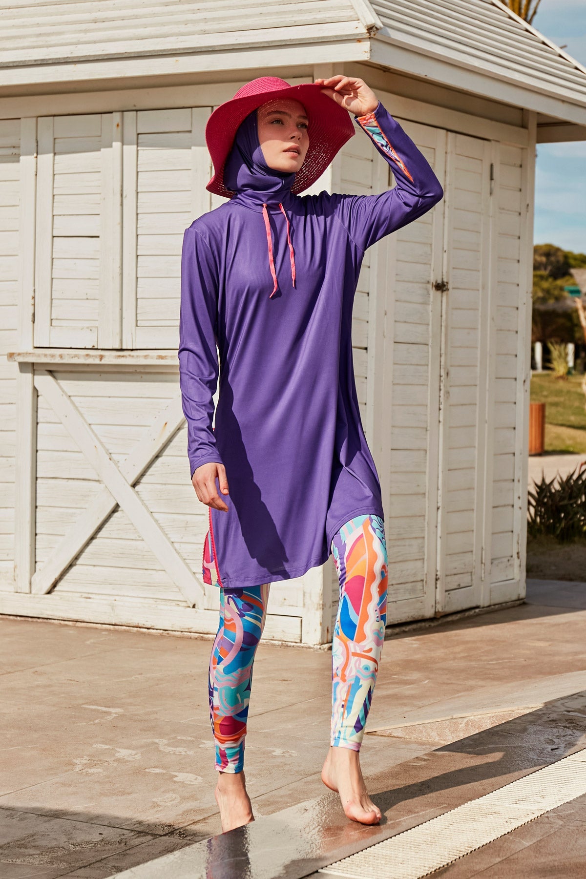 Burkini Modest Swimwear  Set Lycra 4-Teilig Lila mit bunter Schwimmhose "Marina" M2496