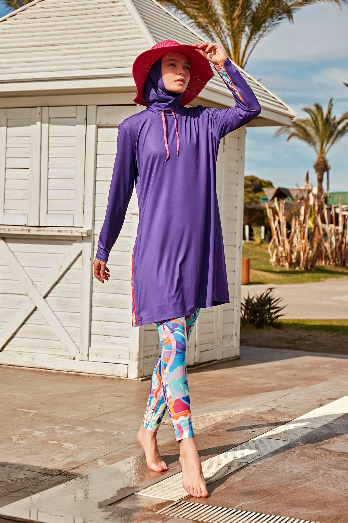 Burkini Modest Swimwear  Set Lycra 4-Teilig Lila mit bunter Schwimmhose "Marina" M2496