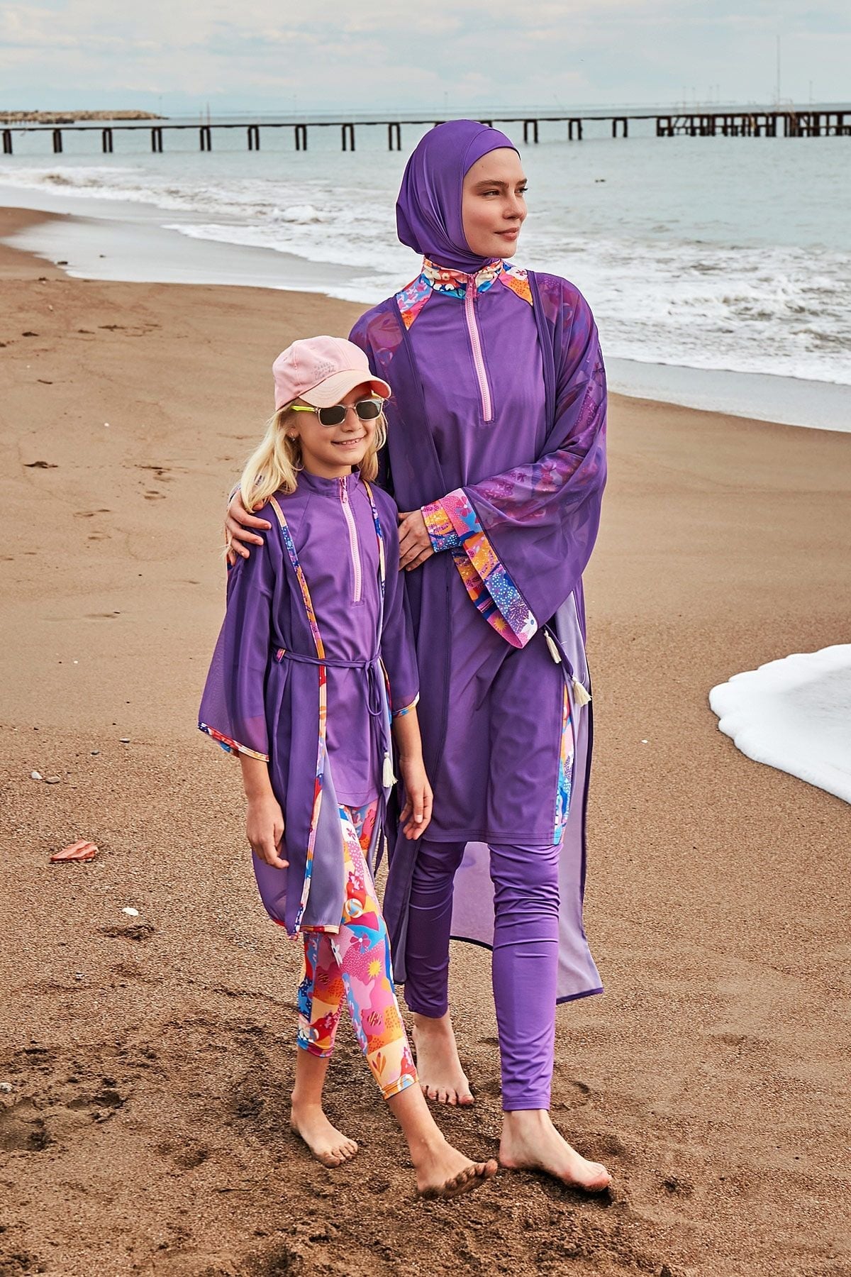 Burkini Modest Swimwear Set Webstoff 4-Teilig Lila mit bunten Ärmeln "Marina" M2495