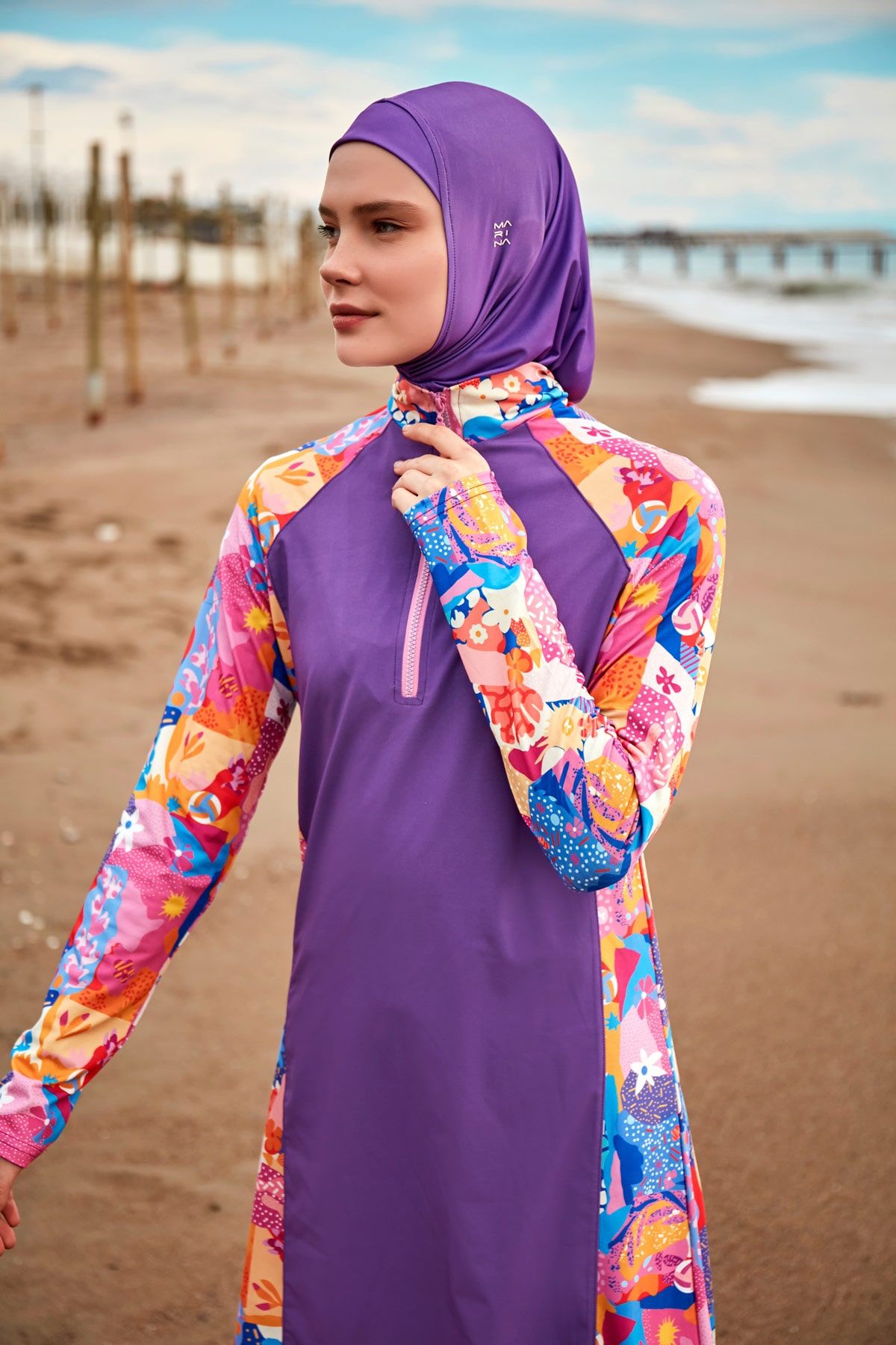 Burkini Modest Swimwear Set Webstoff 4-Teilig Lila mit bunten Ärmeln "Marina" M2495