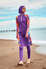 Burkini Modest Swimwear Set Webstoff 4-Teilig Lila mit bunten Ärmeln "Marina" M2495