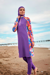 Burkini Modest Swimwear Set Webstoff 4-Teilig Lila mit bunten Ärmeln "Marina" M2495