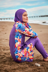 Burkini Modest Swimwear Set Webstoff 4-Teilig Lila mit bunten Ärmeln "Marina" M2495
