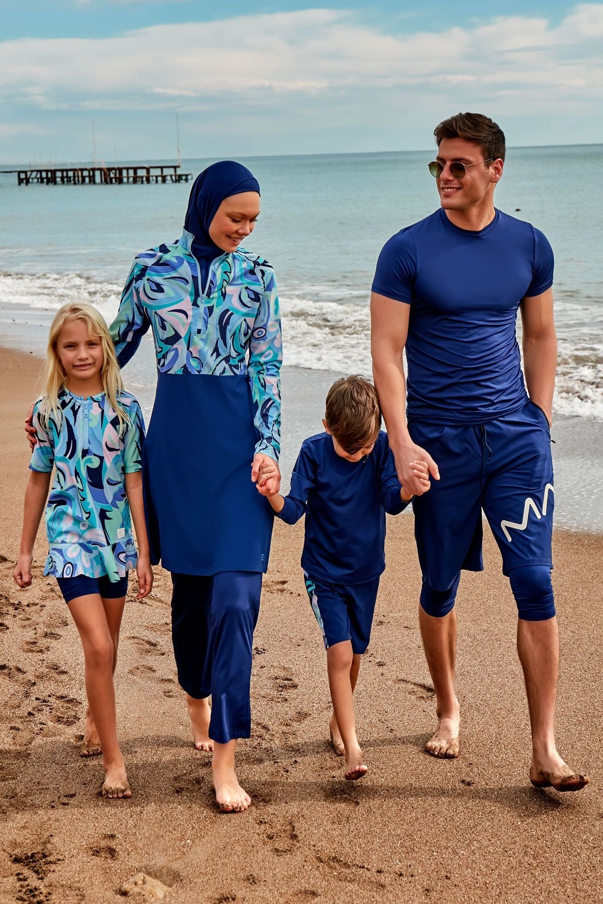 Burkini Modest Swimwear Set Lycra 4-Teilig Marineblaue mit blauen Motiven "Marina" M2498