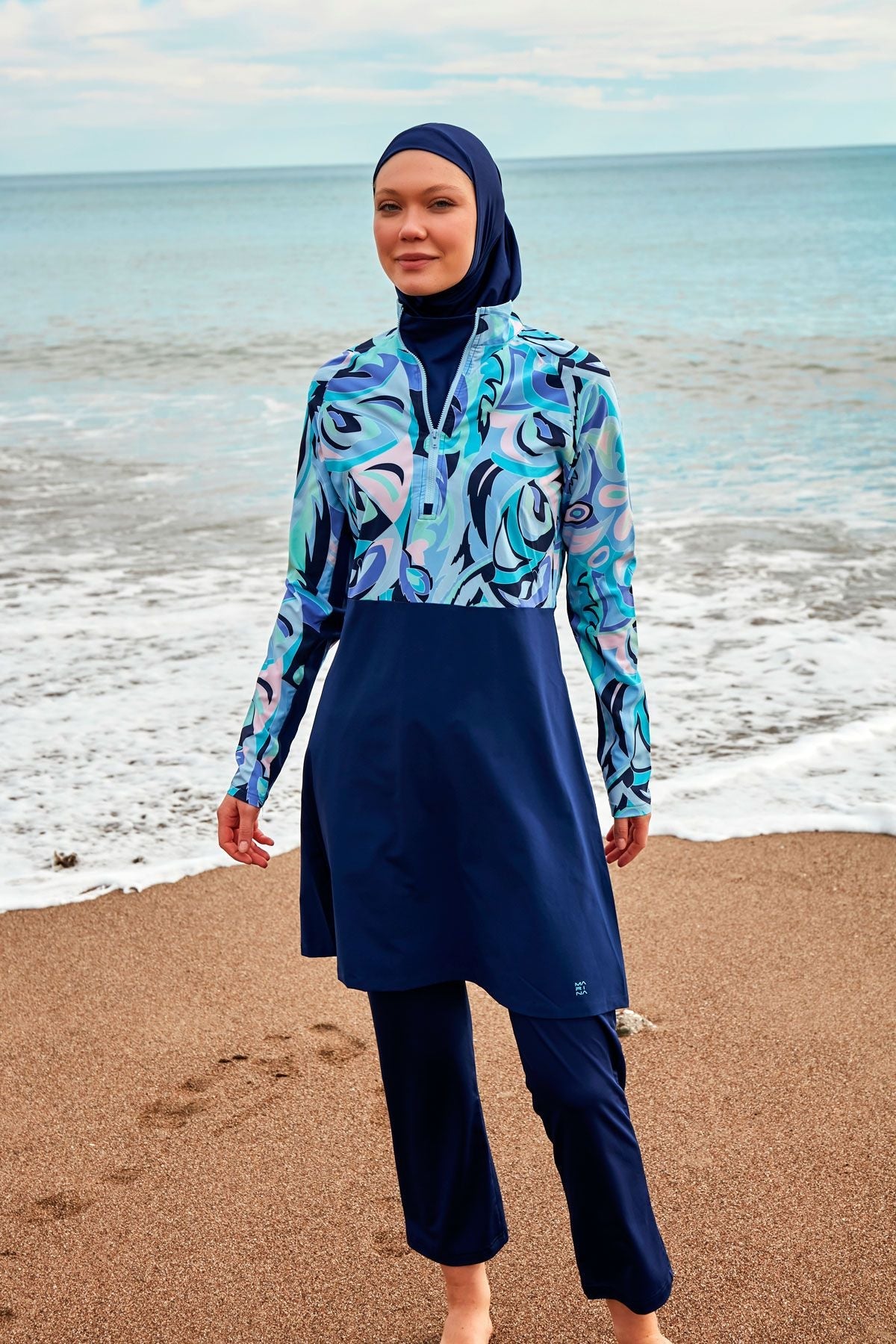 Burkini Modest Swimwear Set Lycra 4-Teilig Marineblaue mit blauen Motiven "Marina" M2498