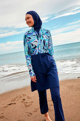 Burkini Modest Swimwear Set Lycra 4-Teilig Marineblaue mit blauen Motiven "Marina" M2498