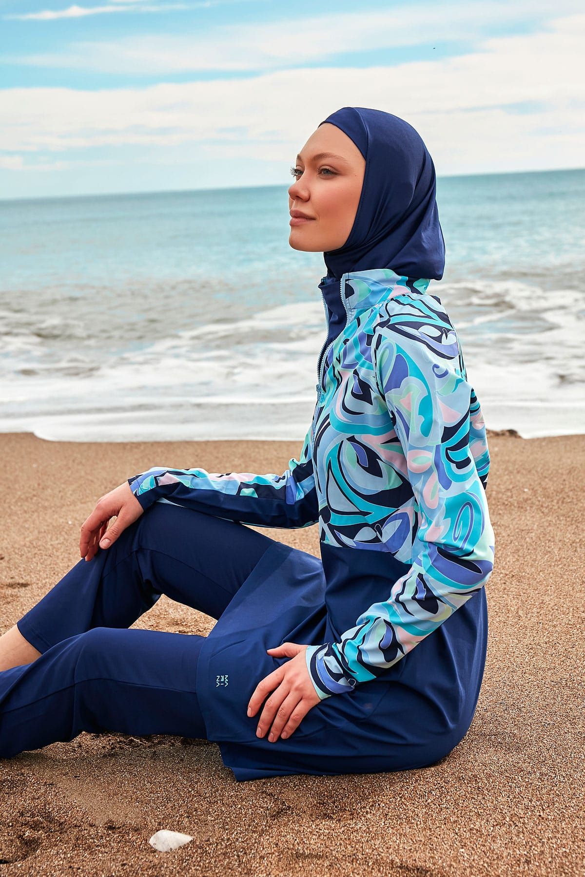 Burkini Modest Swimwear Set Lycra 4-Teilig Marineblaue mit blauen Motiven "Marina" M2498