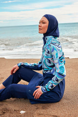 Burkini Modest Swimwear Set Lycra 4-Teilig Marineblaue mit blauen Motiven "Marina" M2498