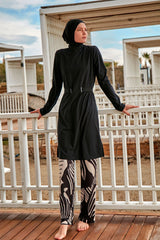 Burkini Modest Swimwear Set Webstoff 4-Teilig Schwarz mit Blattmotiven "Marina" M2424