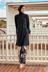 Burkini Modest Swimwear Set Webstoff 4-Teilig Schwarz mit Blattmotiven "Marina" M2424