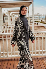 Kimono Pareo Schwarz Weiß mit Blattmuster "Marina" P2401