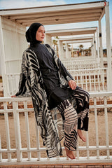 Kimono Pareo Schwarz Weiß mit Blattmuster "Marina" P2401