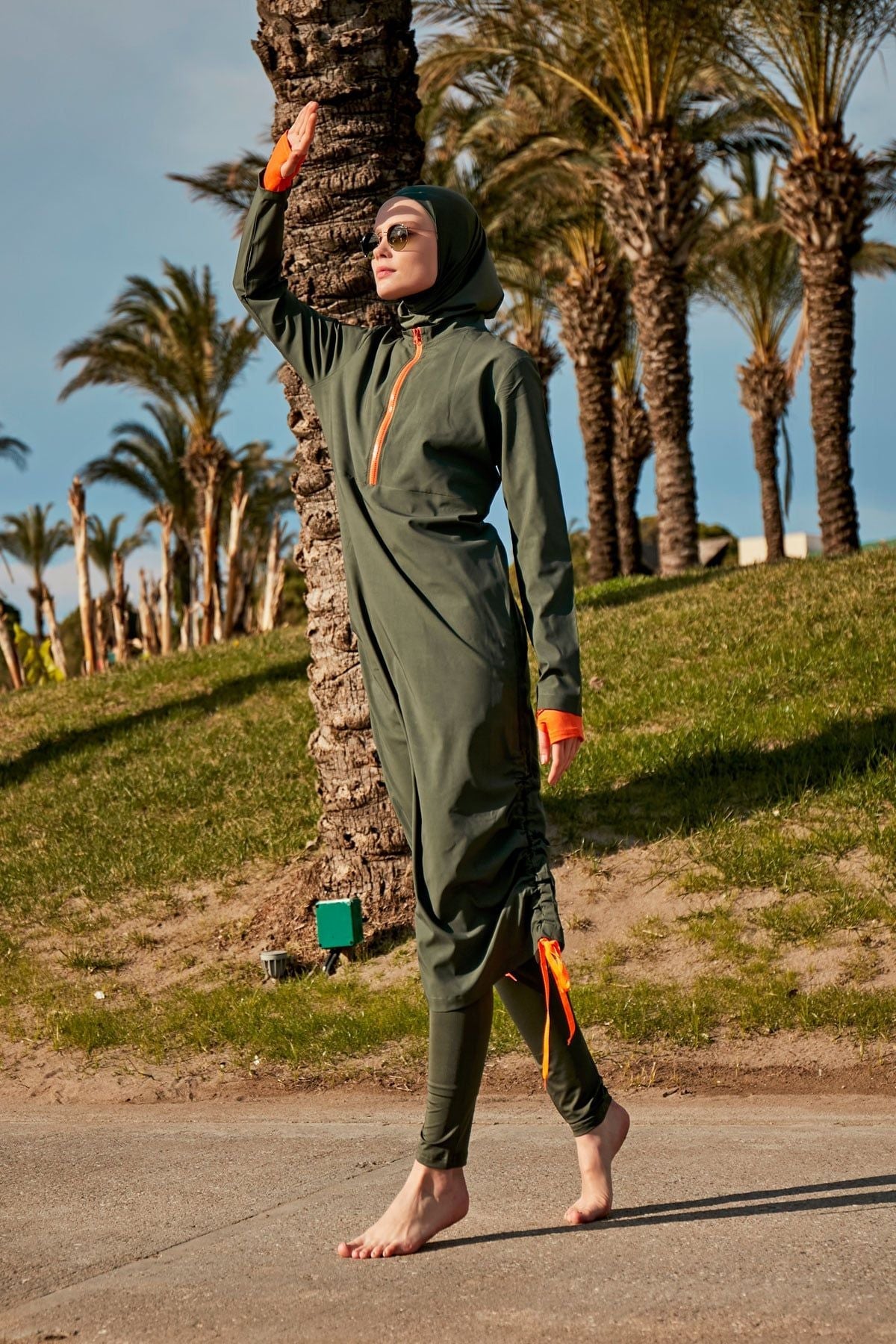 Burkini Modest Swimwear Set Webstoff 4-Teilig Khaki-Orange "Marina"  M2413