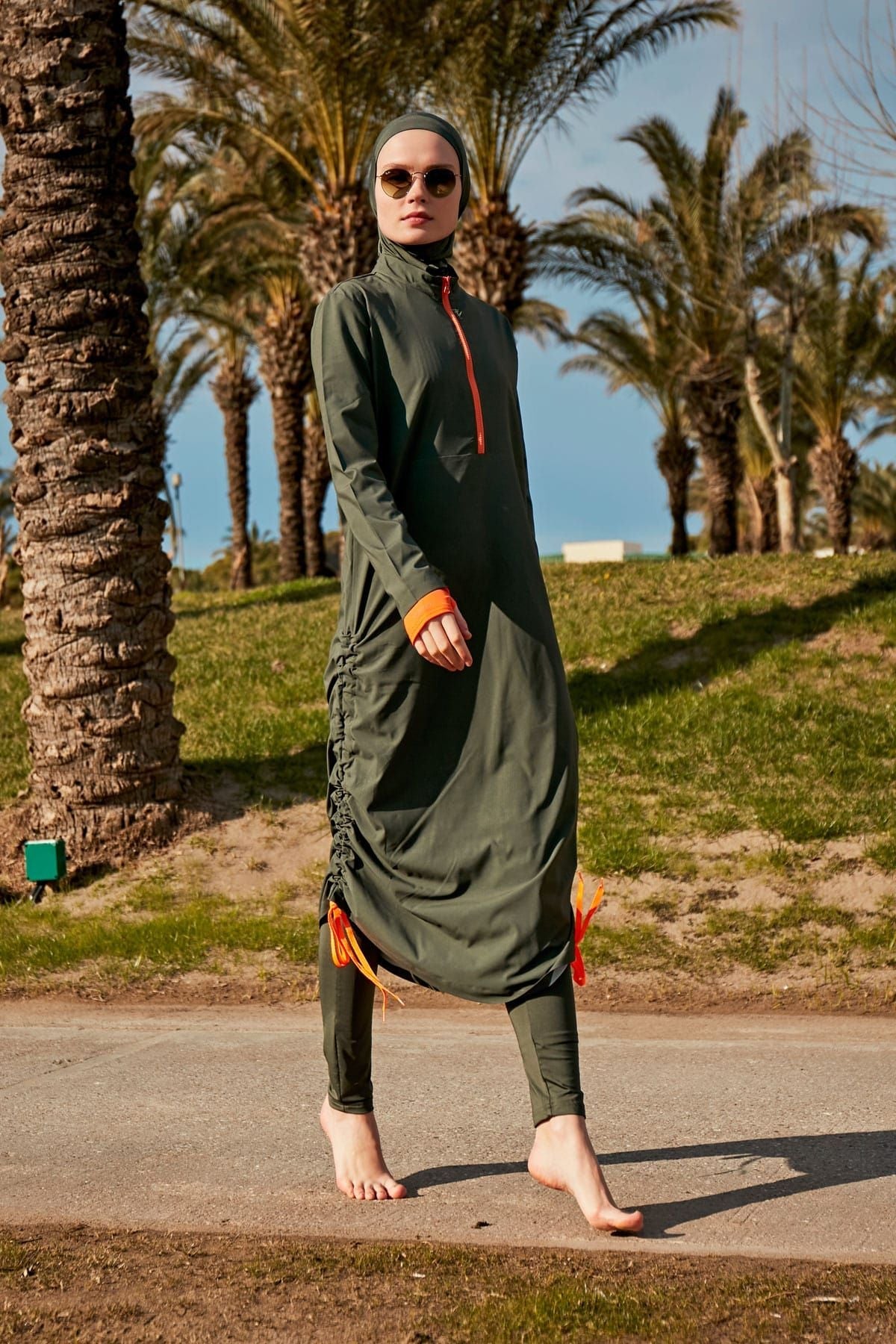 Burkini Modest Swimwear Set Webstoff 4-Teilig Khaki-Orange "Marina"  M2413