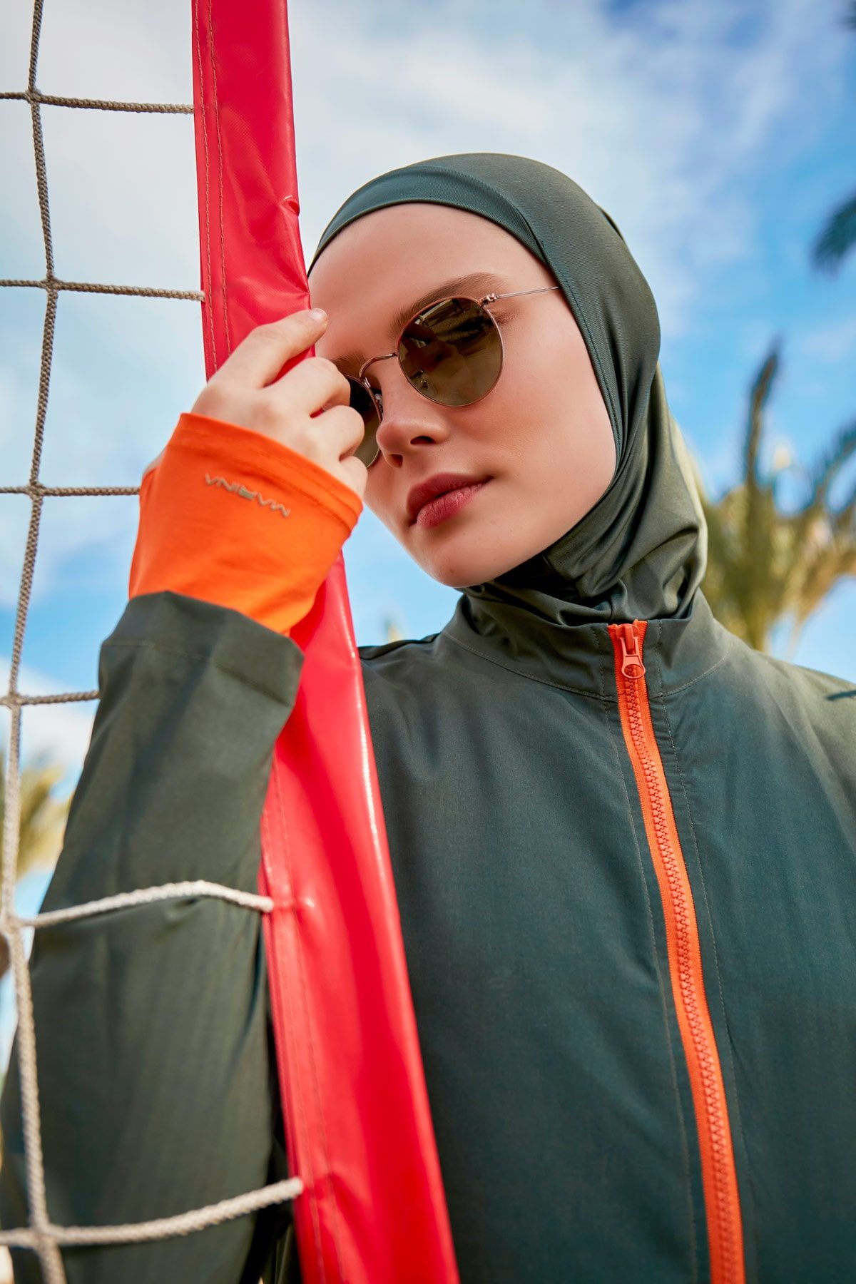 Burkini Modest Swimwear Set Webstoff 4-Teilig Khaki-Orange "Marina"  M2413