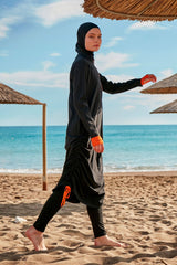 Burkini Modest Swimwear Set Webstoff 4-Teilig Schwarz-Orange "Marina"  M2414