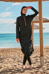 Burkini Modest Swimwear Set Webstoff 4-Teilig Schwarz-Orange "Marina"  M2414