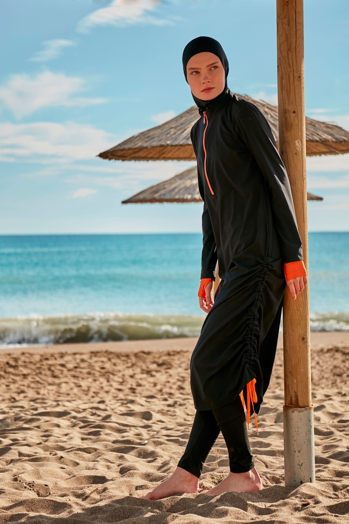 Burkini Modest Swimwear Set Webstoff 4-Teilig Schwarz-Orange "Marina"  M2414