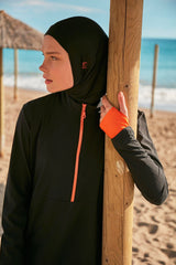Burkini Modest Swimwear Set Webstoff 4-Teilig Schwarz-Orange "Marina"  M2414