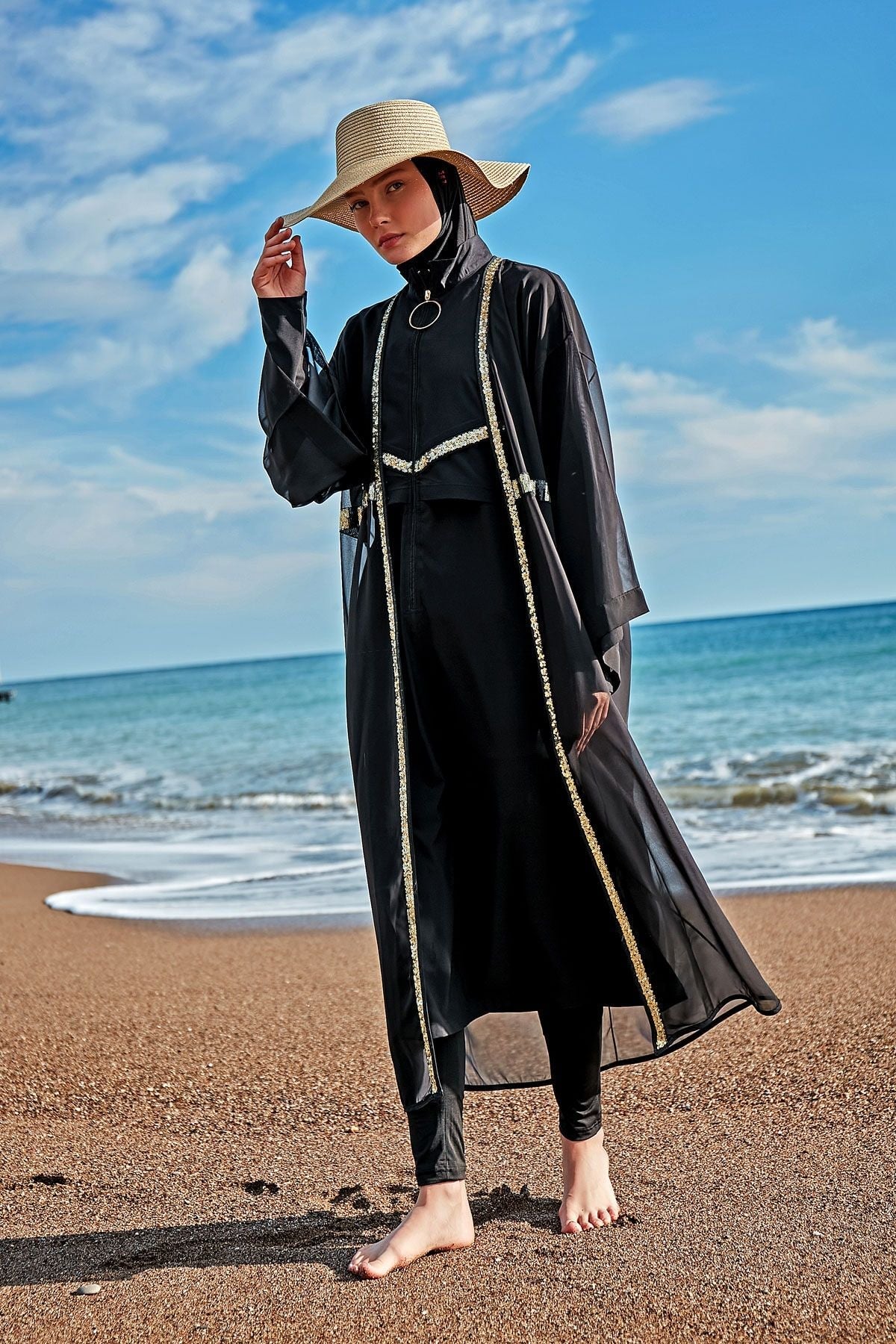 Burkini Modest Swimwear 4-Teilig Fallschirmstoff Schwarz "Marina" M2410