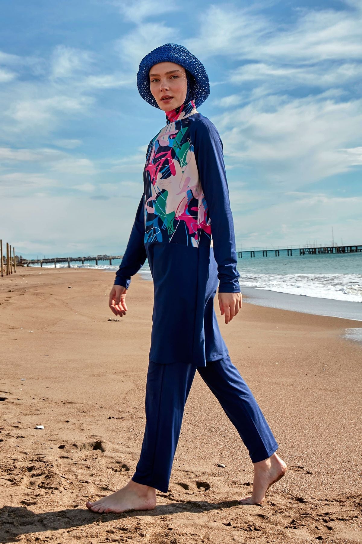 Burkini Modest Swimwear Set Lycra 4-Teilig Marineblau mit bunten Motiven "Marina" M2497