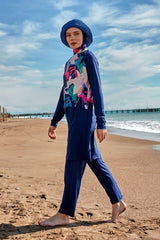 Burkini Modest Swimwear Set Lycra 4-Teilig Marineblau mit bunten Motiven "Marina" M2497