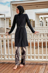 Burkini Modest Swimwear Set Webstoff 4-Teilig Schwarz mit Blattmotiven "Marina" M2424