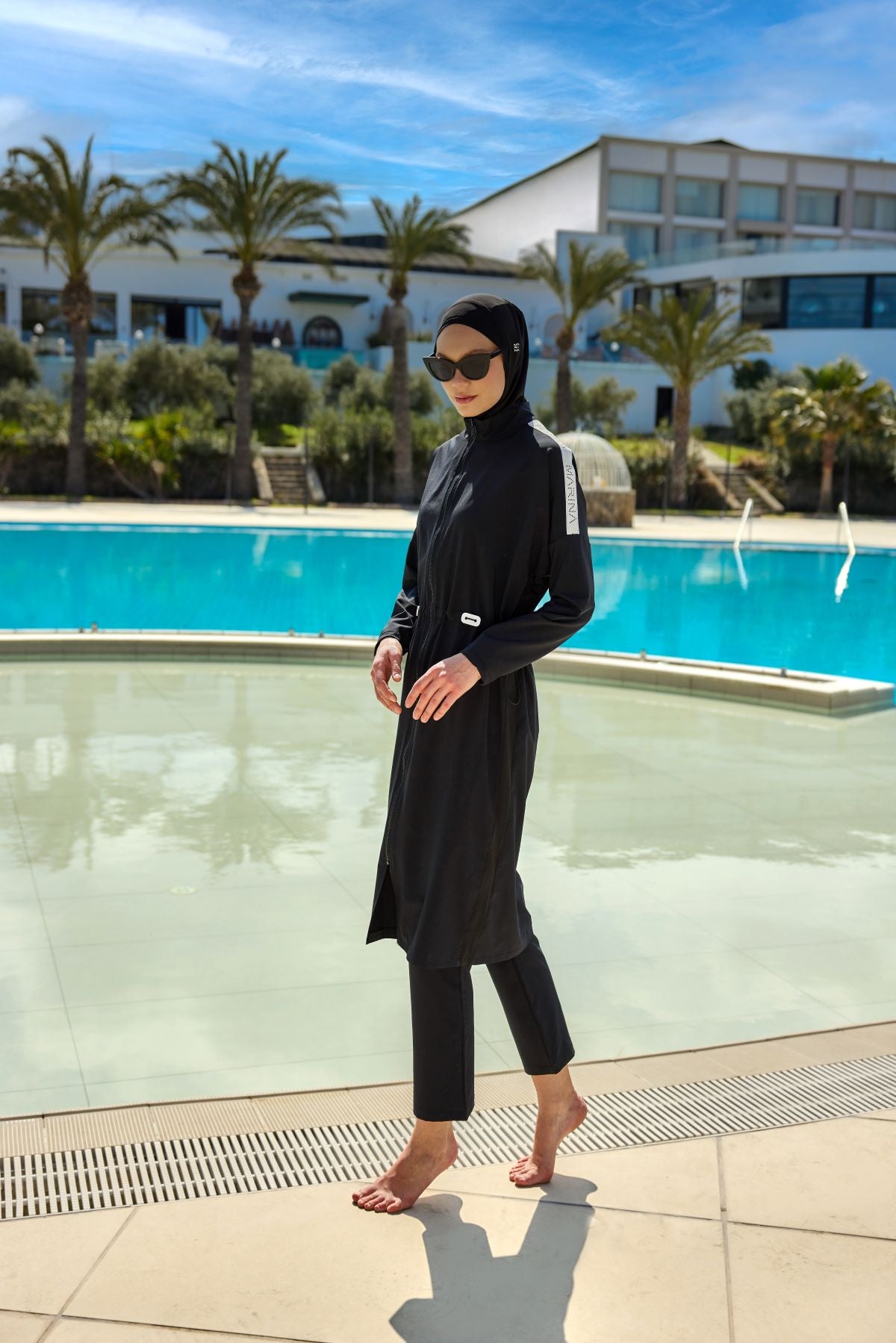 Burkini Modest Swimwear Set 4-Teilig schwarz mit weißer "Marina" Aufschrift M2507-1
