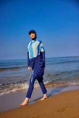 Marina │ Modest Swimwear Set 4-Piece Navy Blue with White Stripes - M2506-2