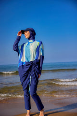Marina │ Modest Swimwear Set 4-Piece Navy Blue with White Stripes - M2506-2