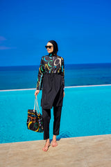 Burkini Modest Swimwear Set 4-Teilig Schwarz mit bunter Aufschrift "Riva Mera by Marina" R2505