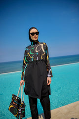 Burkini Modest Swimwear Set 4-Teilig Schwarz mit bunter Aufschrift "Riva Mera by Marina" R2505