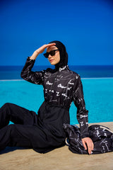 Burkini Modest Swimwear Set 4-Teilig Schwarz mit weißer Aufschrift "Riva Mera by Marina" R2501