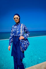 burkini voll bedeckt marinablau weiß