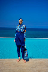 Riva Mera by Marina │Burkini Modest Swimwear Set 4-Teilig marineblau mit blau-oranger Aufschrift - R2503