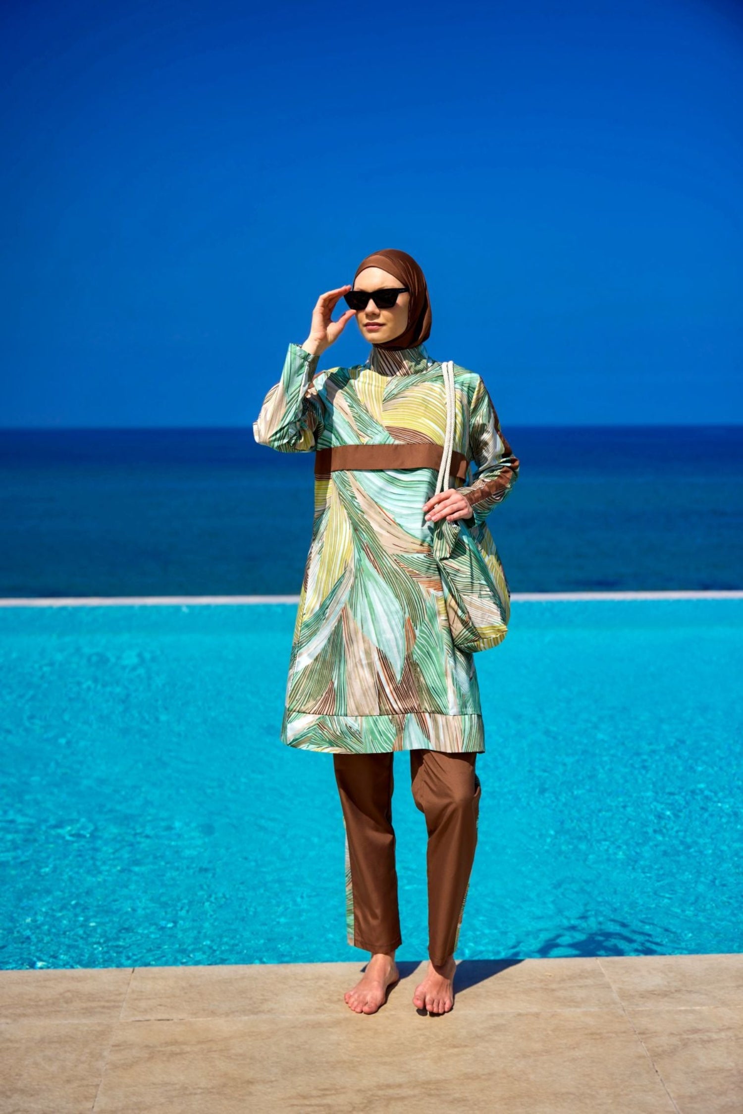 Burkini Modest Swimwear Set 4-Teilig Grünmotive mit brauner Schwimmhose 'Riva Mera by Marina' R2512