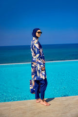 Burkini Modest Swimwear Set marineblau mit Blattmotiv - 4-teiliges muslimisches Badeanzug Set von Riva Mera by Marina