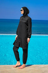 Burkini Modest Swimwear Set 3-Teilig in Schwarz von Andalus by Marina - Komplettansicht des muslimischen Badeanzugs mit Kopfbedeckung, Oberteil und Hose