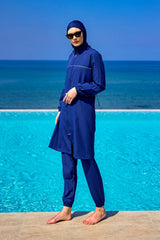 Burkini Modest Swimwear Set 3-Teilig in Marineblau von Andalus by Marina - Komplettansicht des muslimischen Badeanzugs mit Kopfbedeckung, Oberteil und Hose