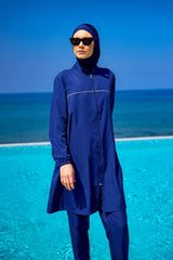 Burkini Modest Swimwear Set 3-Teilig in Marineblau von Andalus by Marina - Komplettansicht des muslimischen Badeanzugs mit Kopfbedeckung, Oberteil und Hose