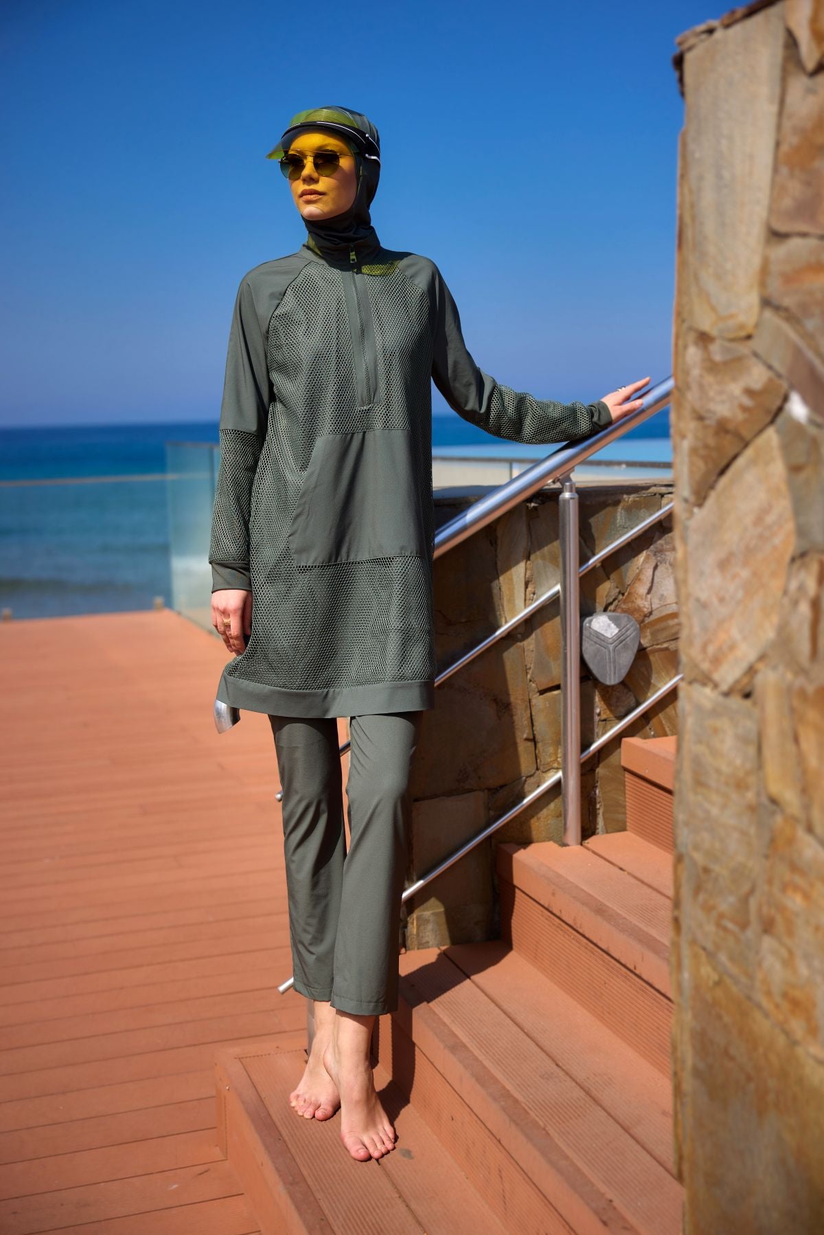 Burkini Modest Swimwear Set 4-Teilig Khaki mit Tülldetail "Marina" M2534-3