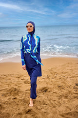 Burkini Modest Swimwear Marineblau mit Wellenmuster "Marina" M2530-2
