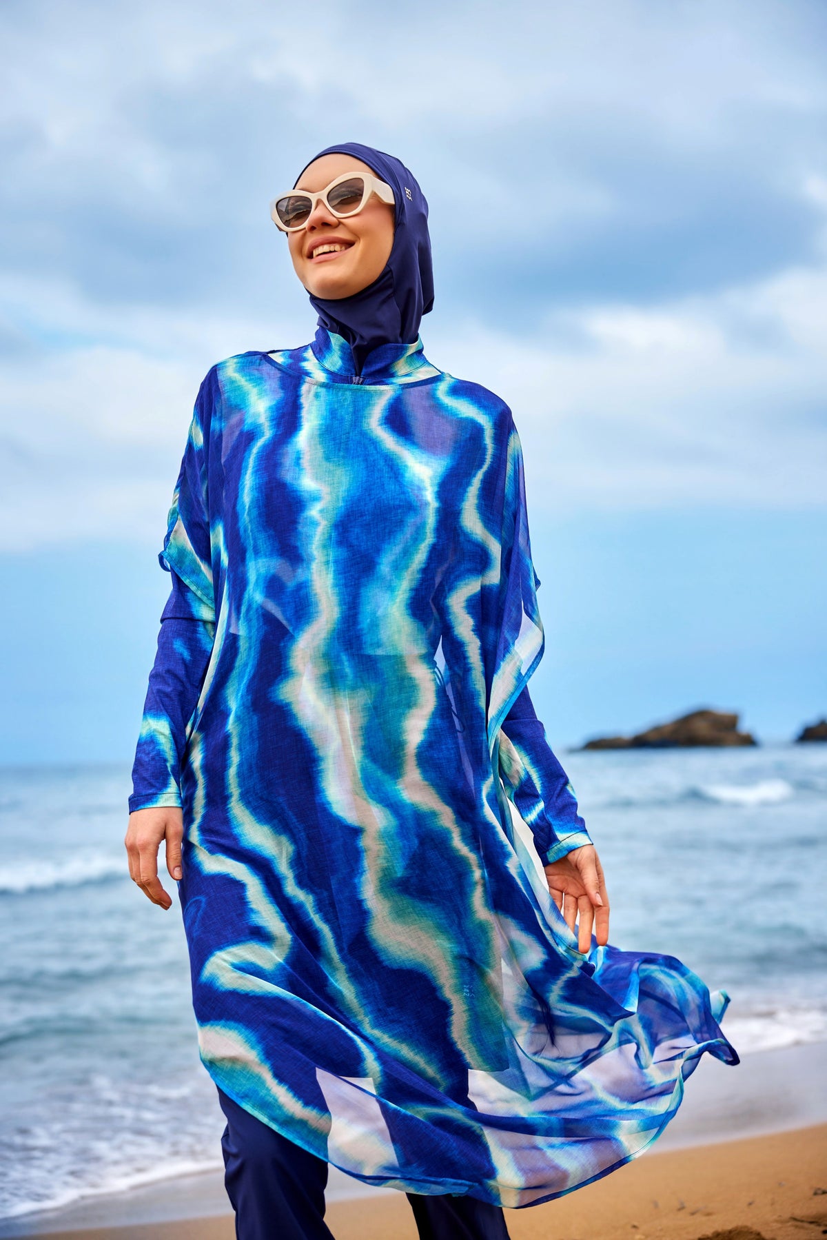Kimono Pareo Blau Wellenmuster "Marina" P2513-2