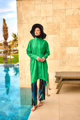 Marina │ Modest Swimwear Set 4-Piece Black with Green Stripes - M2506-1