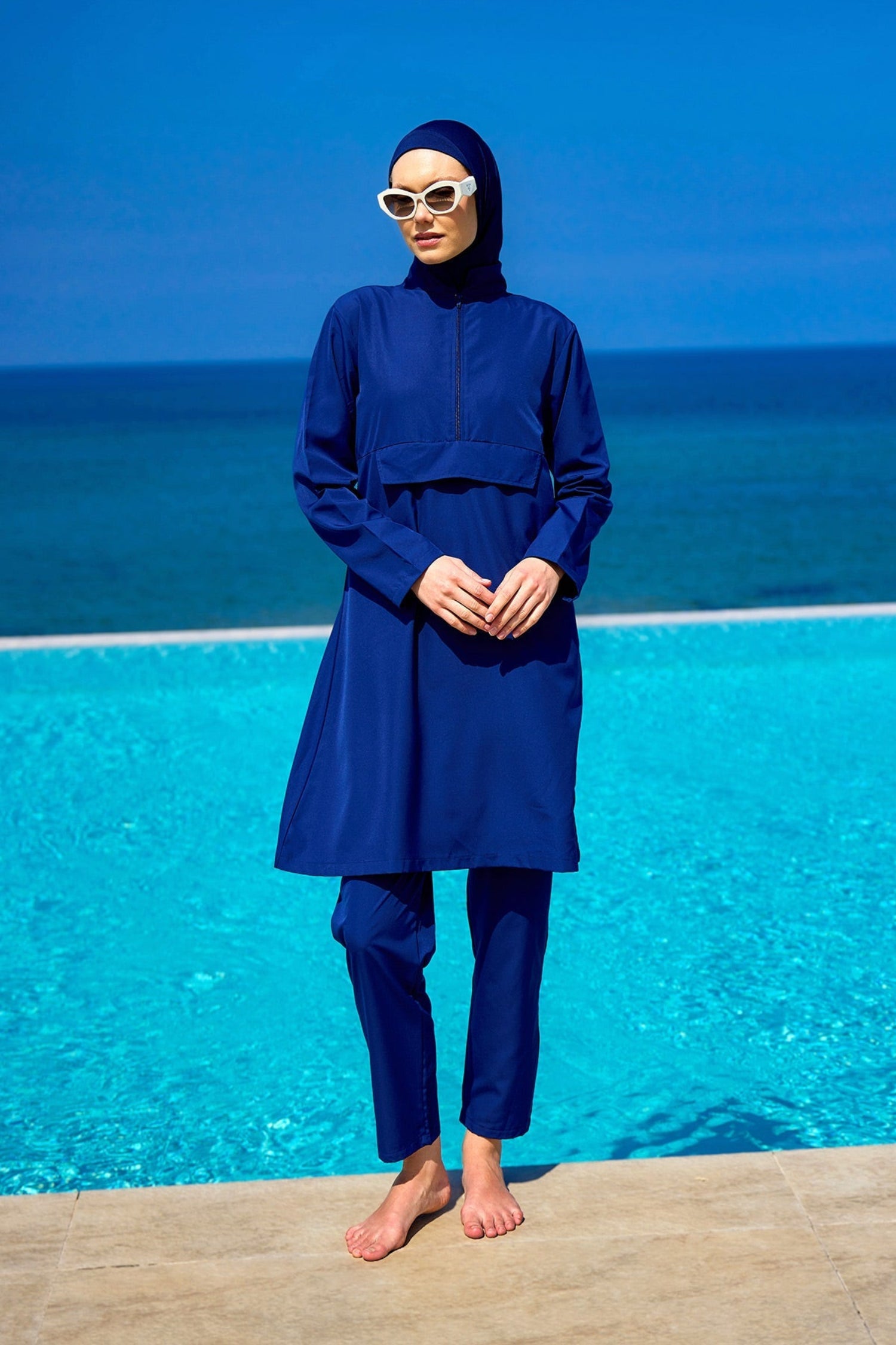 Burkini Modest Swimwear Set 3-Teilig Marineblau - Komplettansicht des dreiteiligen Sets