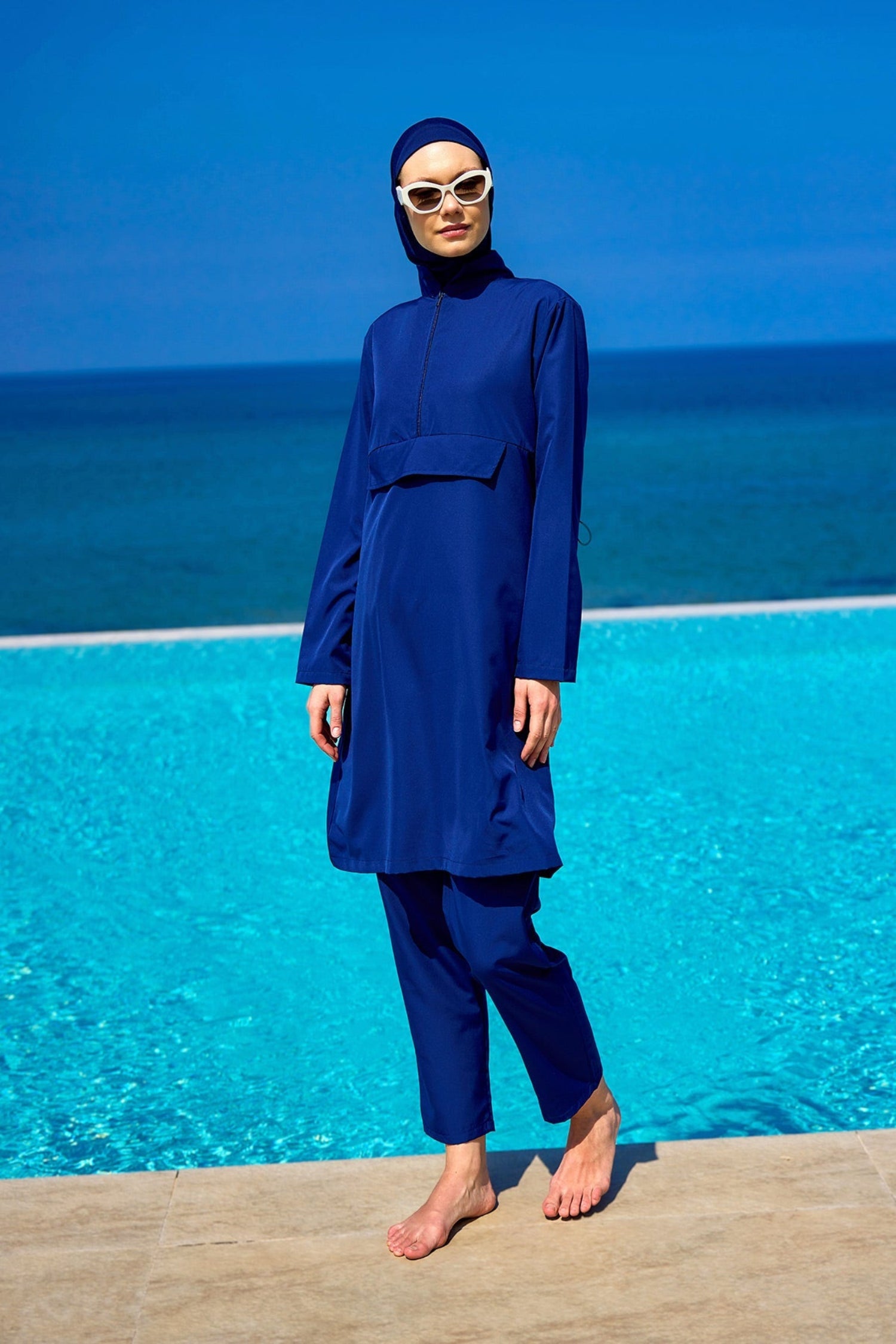 Burkini Modest Swimwear Set 3-Teilig Marineblau - Komplettansicht des dreiteiligen Sets
