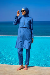Burkini Modest Swimwear Set 3-Teilig in Blau von Andalus by Marina - Komplettansicht des muslimischen Badeanzugs mit Kopfbedeckung, Oberteil und Hose